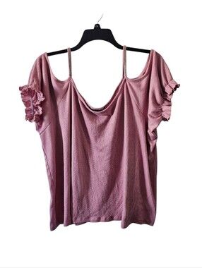 Louise Paris 2X Cold Shoulder Top Rhinestone Strap Ruffle Sleeve Mauve Pink